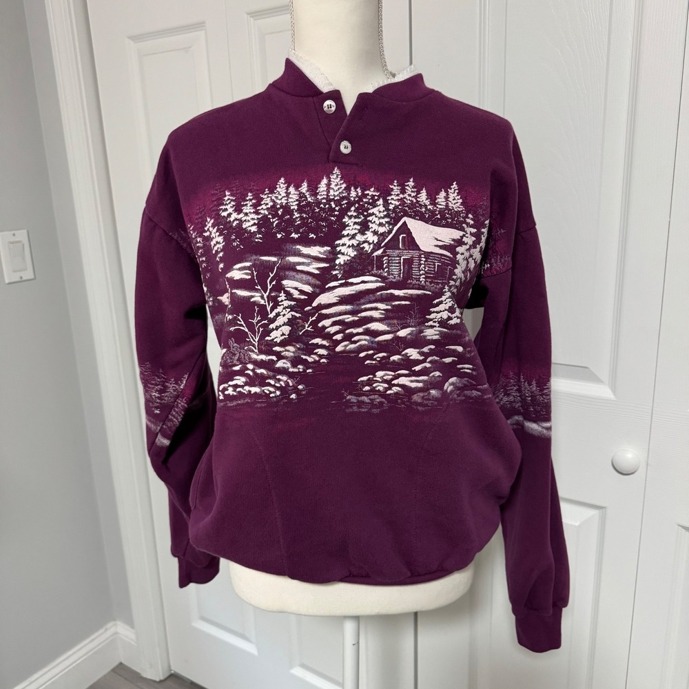Vintage Art Unlimited Sportswear 90s Cabin Scene Henley Sweatshirt Purple M